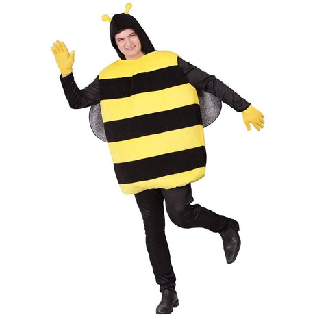 Adult bumblebee fancy dress costume featuring black and yellow stripes with antenna headpiece and wings