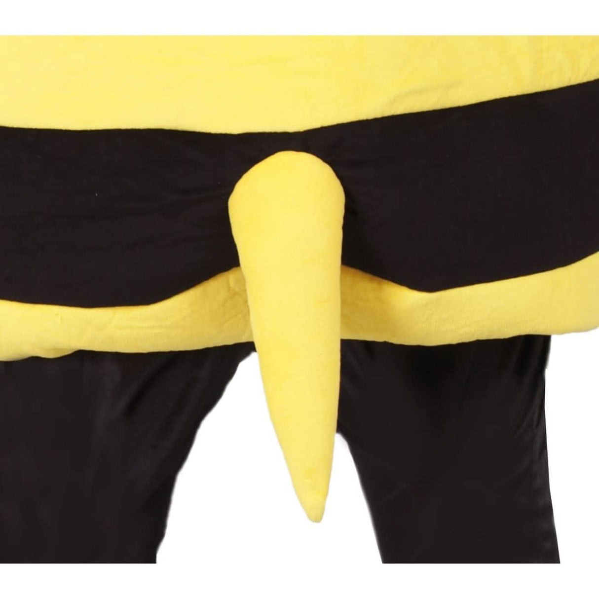 Close-up of adult bumblebee fancy dress costume showing yellow and black striped design with tail detail