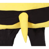 Close-up of adult bumblebee fancy dress costume showing yellow and black striped design with tail detail