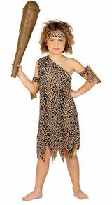 Child wearing a child caveman costume 5-6 years with leopard print dress and toy club