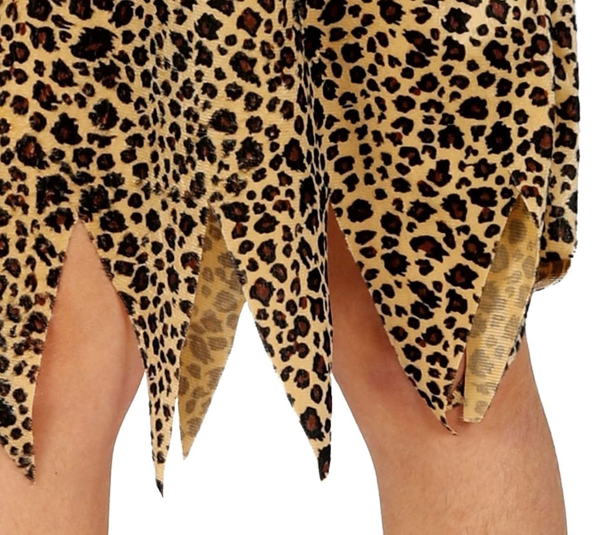 Jagged hem of leopard print child caveman costume 5-6 years with torn edges for prehistoric look