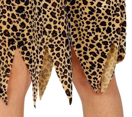 Jagged hem of leopard print child caveman costume 5-6 years with torn edges for prehistoric look