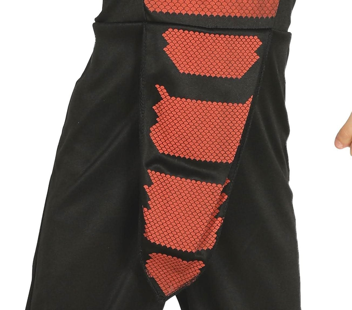 Close-up of black and red child cobra ninja costume with scaled pattern detail on the front