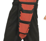 Close-up of black and red child cobra ninja costume with scaled pattern detail on the front