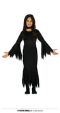 Girl wearing child Morticia Addams costume black long dress with jagged sleeves and hem