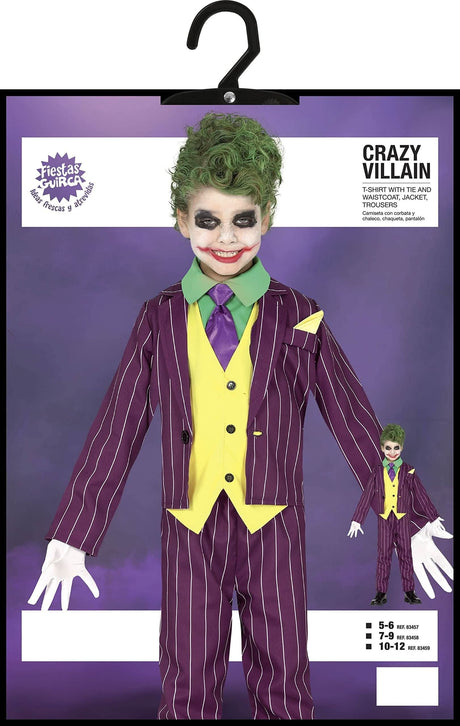Child wearing a child villain costume with green hair, purple pinstripe suit, yellow vest, and white gloves