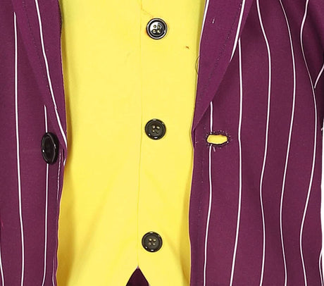 Close-up of child villain costume with purple pinstripe jacket and yellow shirt with black buttons