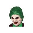 Green jokester wig styled with wavy hair on a costume character with white face makeup and dark eye circles