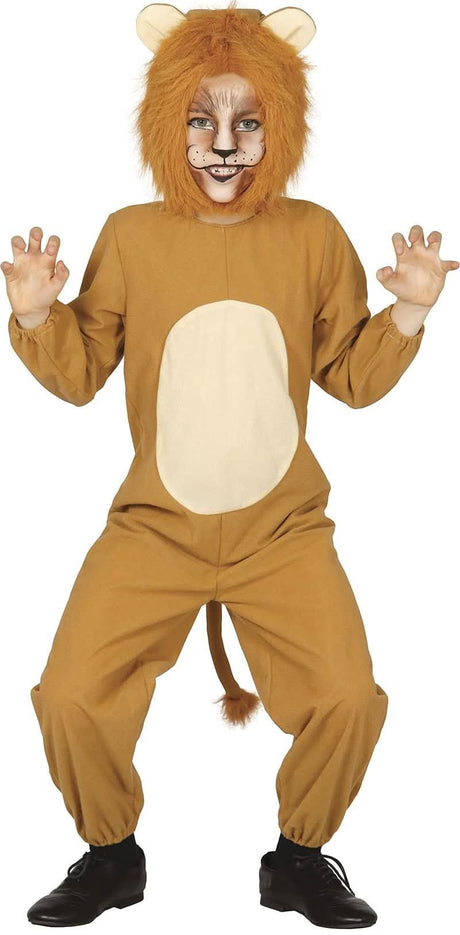 Child wearing a roaring lion costume for kids with a mane hood and tail posing with claws out
