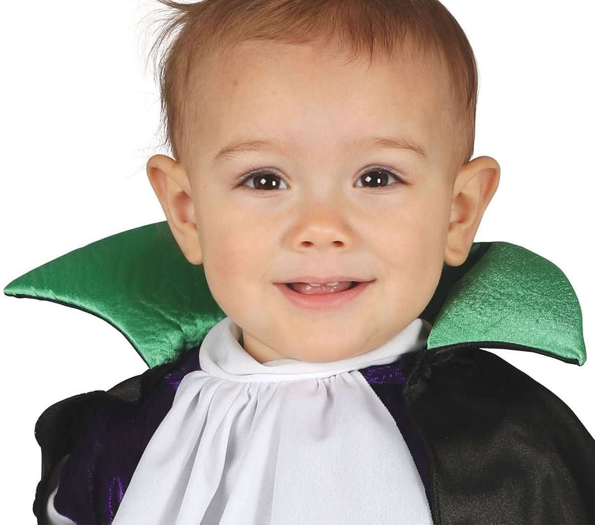 Toddler vampire costume with green collar and black cape by Infant Fancy Dress on smiling baby