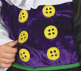 Close-up of toddler vampire costume by Infant Fancy Dress featuring purple fabric with yellow button details