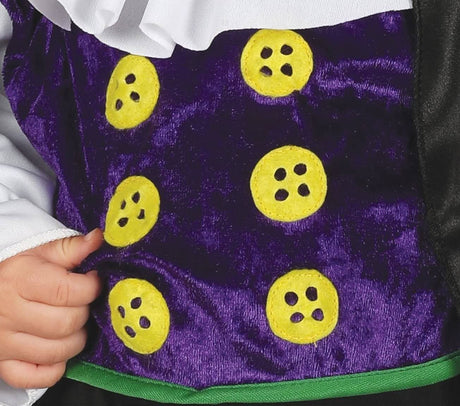 Close-up of toddler vampire costume by Infant Fancy Dress featuring purple fabric with yellow button details