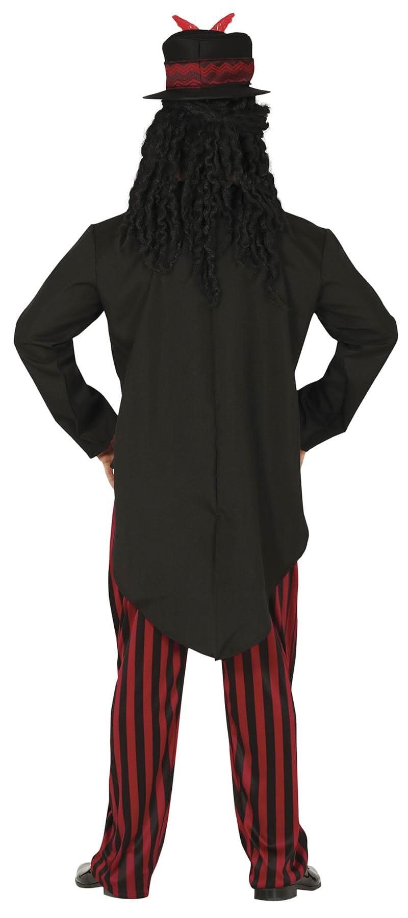 Back view of Voodoo Witch Doctor Costume for Men featuring black coat, red and black striped pants, and a decorated top hat