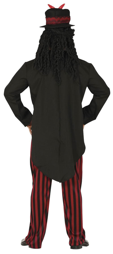 Back view of Voodoo Witch Doctor Costume for Men featuring black coat, red and black striped pants, and a decorated top hat
