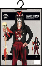 Voodoo Witch Doctor Costume for Men with black jacket, striped pants, skull staff, and themed accessories