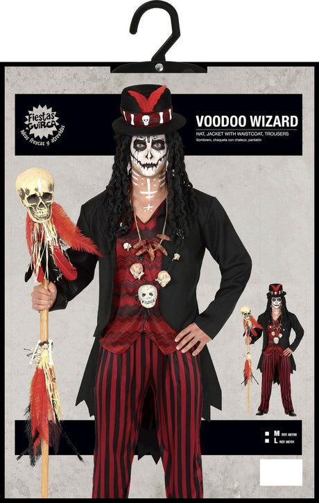 Voodoo Witch Doctor Costume for Men with black jacket, striped pants, skull staff, and themed accessories