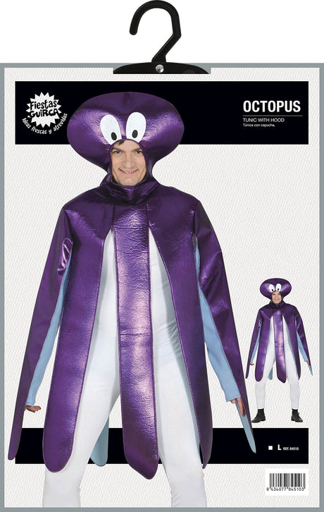 Mens Fancy Dress Adult Octopus Costume in shiny purple with hood and tentacles