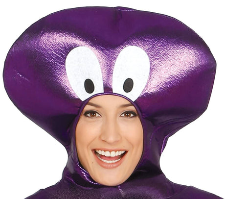 Close-up of a person wearing a shiny purple Adult Octopus Costume headpiece with cartoon eyes