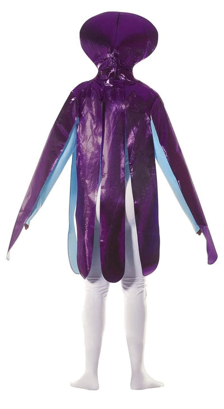 Adult Octopus Costume in shiny purple with extended tentacles and hood, full body fancy dress outfit