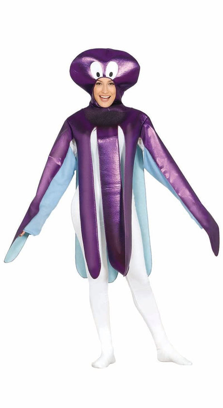 Adult Octopus Costume in purple and light blue with a large headpiece and tentacles by Mens Fancy Dress