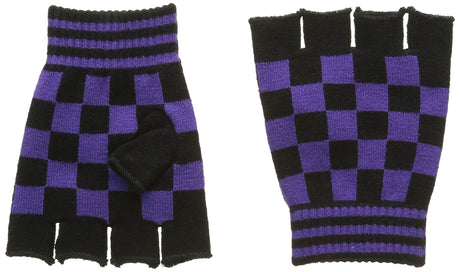 Womens Fancy Dress fingerless checkerboard gloves in black and purple knit design
