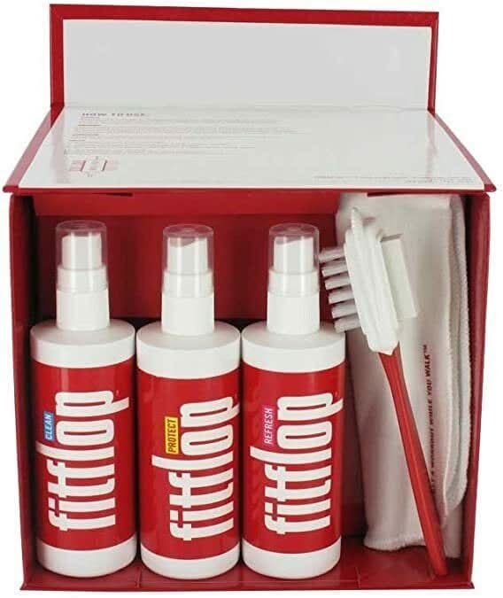 Fitflop boot cleaning kit with three spray bottles, brush, and cloth in red and white packaging