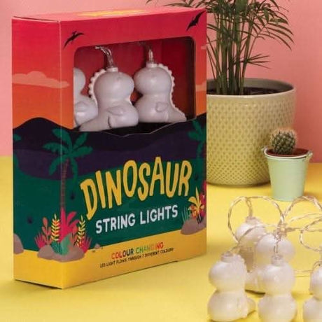 Dinosaur string lights by CLICKK Home Store in colorful box with white dinosaur-shaped LED bulbs