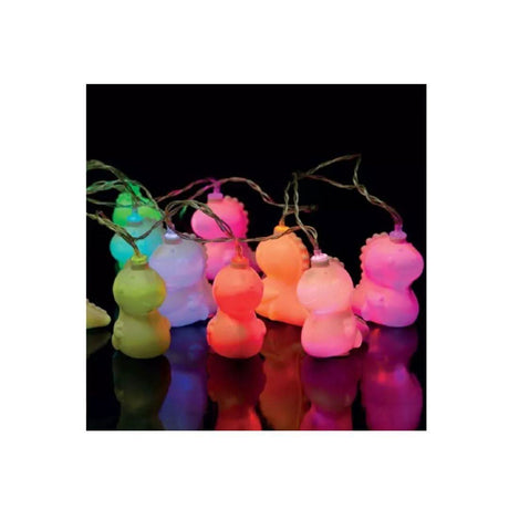 Colorful dinosaur string lights with glowing dinosaur shapes in multiple vibrant colors