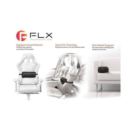 Black lumbar support cushion for office chair shown on gaming chair car seat and sofa for pain relief