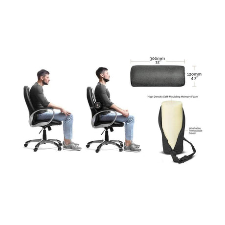 Lumbar support cushion for office chair in black memory foam with removable washable cover shown on man sitting with and without cushion