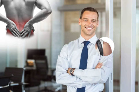 Smiling man wearing a unisex posture corrector for back pain under dress shirt in office setting