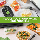 FoodSaver cordless food vacuum sealer packaging fresh salmon, lemon slices, and vegetables to reduce food waste