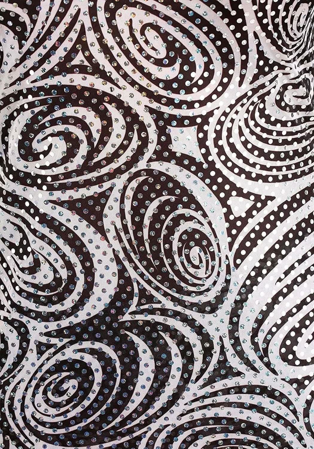 Close-up of black and white swirl pattern fabric with shiny sequins for Foxy Lady Disco Costume XL