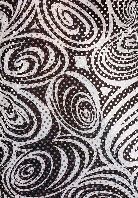 Close-up of black and white swirl pattern fabric with shiny sequins for Foxy Lady Disco Costume XL