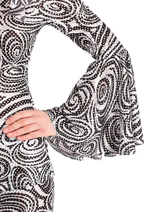 Close-up of black and white swirl patterned bell sleeve on Foxy Lady Disco Costume XL by Womens Fancy Dress