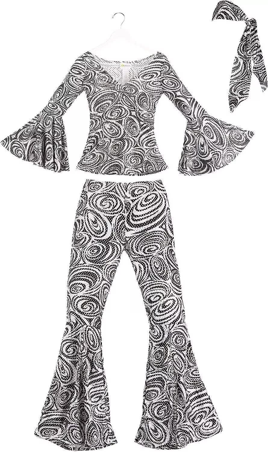Womens Fancy Dress Foxy Lady Disco Costume XL with black and white swirl pattern bell sleeves and flared pants