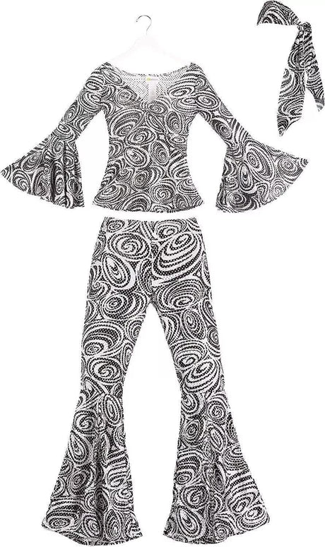 Womens Fancy Dress Foxy Lady Disco Costume XL with black and white swirl pattern bell sleeves and flared pants