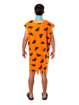 Back view of a man wearing Fred Flintstone costume XL with orange and black spotted tunic