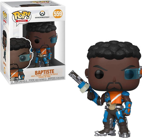Funko POP Baptiste vinyl figure from Overwatch with detailed blue and orange armor holding a weapon
