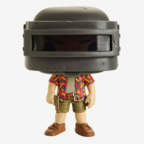 Funko POP PUBG collectible figure wearing a helmet and colorful shirt with shorts and brown shoes