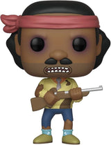 Funko POP Rick and Morty Goldenfold figure holding a rifle with a red headband and torn clothing
