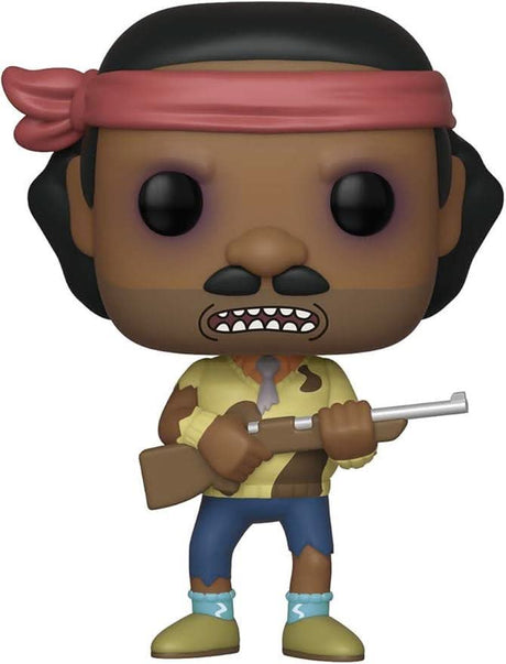 Funko POP Rick and Morty Goldenfold figure holding a rifle with a red headband and torn clothing