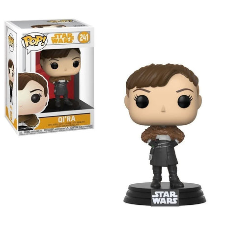 Funko POP Star Wars Qi'Ra figure in black outfit with brown fur collar on display stand