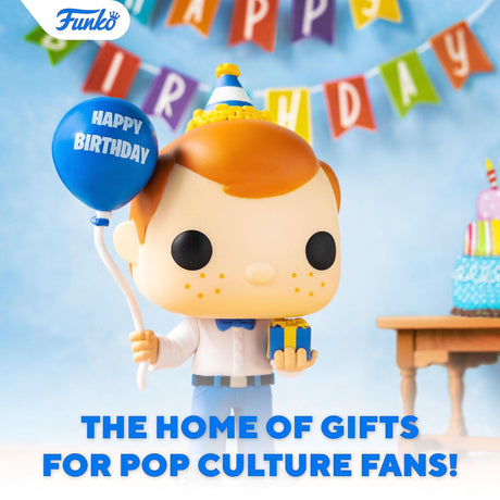 Tobias Beckett Funko POP figure holding blue birthday balloon and gift with party hat