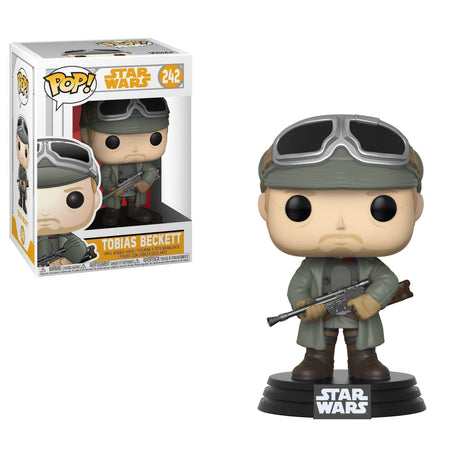 Tobias Beckett Funko POP figure from Star Wars with detailed outfit and weapon in display box