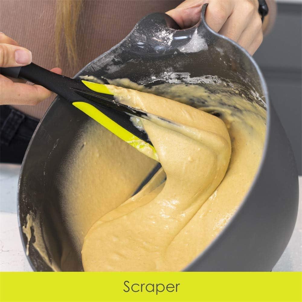 Calitek 3-in-1 kitchen utensil whisk with scraper mixing batter in a black bowl