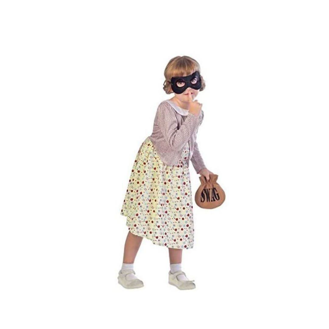 Child wearing gangster granny costume for kids with mask and swag money bag from CLICKK Home Store