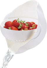 Calitek detachable colander and bowl set draining water from strawberries with white design