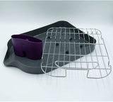 Calitek dish drying rack with drip tray featuring metal grid and purple utensil holder on gray tray