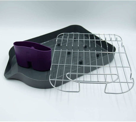 Calitek dish drying rack with drip tray featuring metal grid and purple utensil holder on gray tray